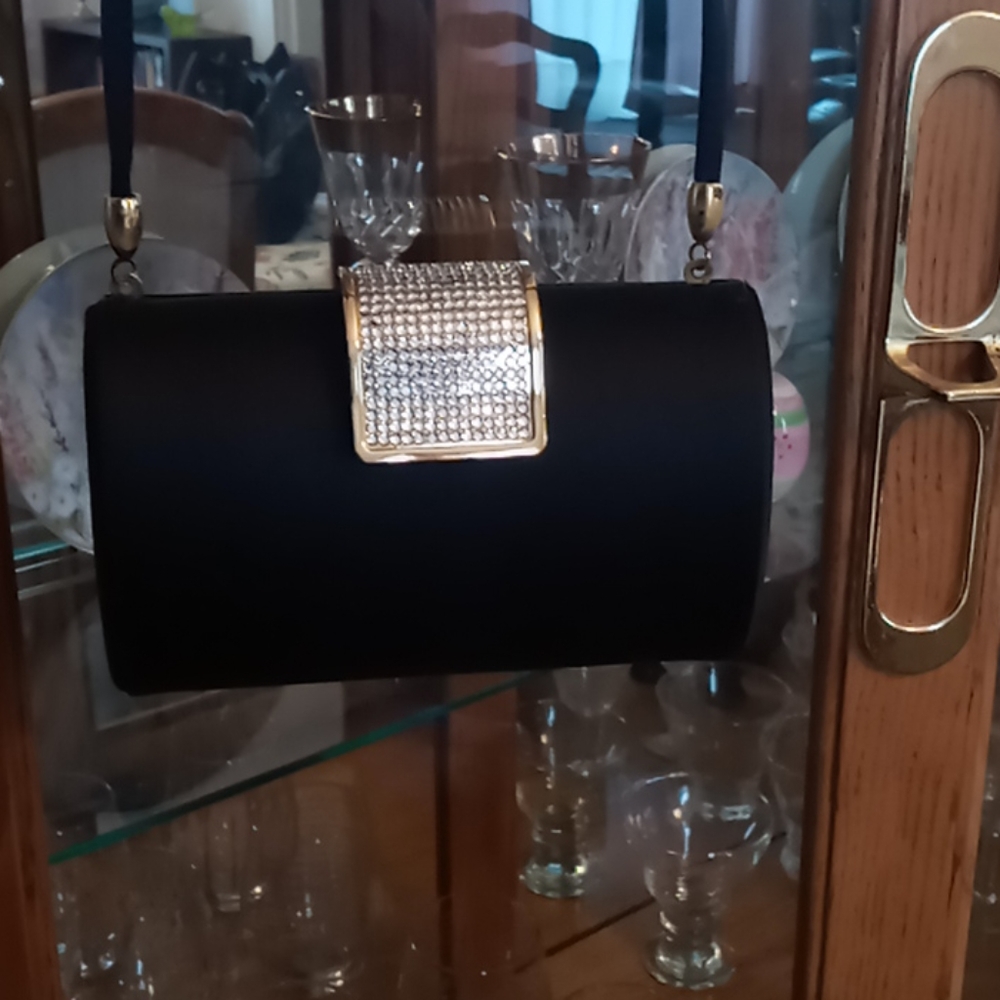 Adrienne Landau Black Evening Clutch with Gold Rhinestone Accent